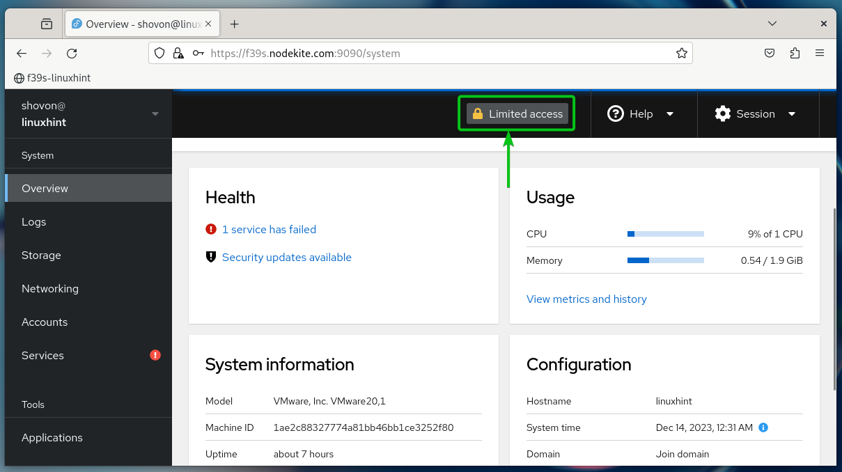 How to enable administrative access from the cockpit web UI