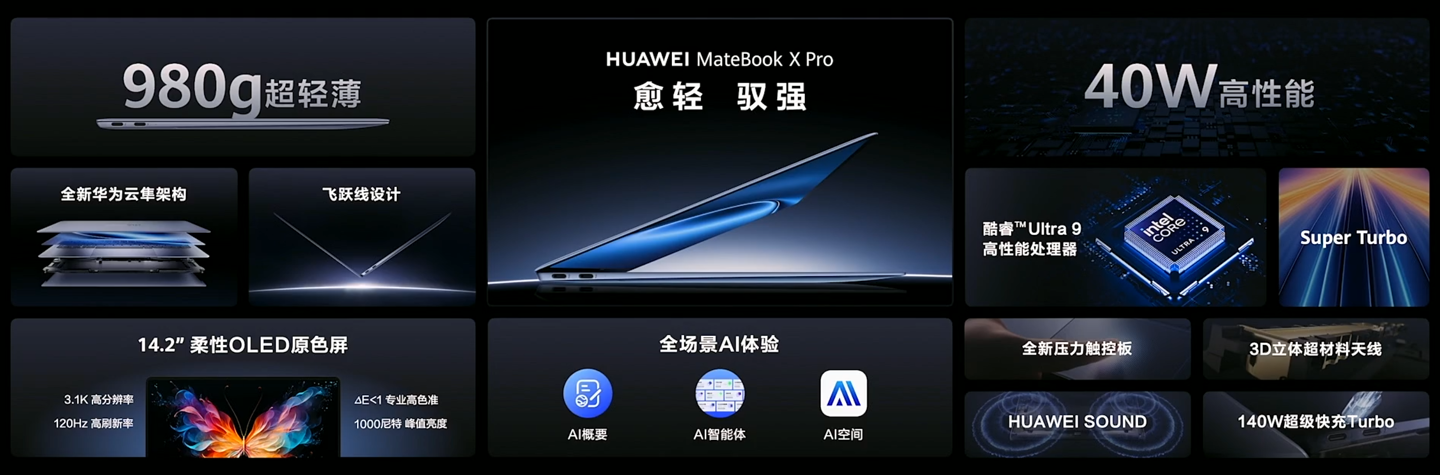 1kg 以内唯一 Ultra 9 笔记本：华为全新 MateBook X Pro 发布，11199 元起