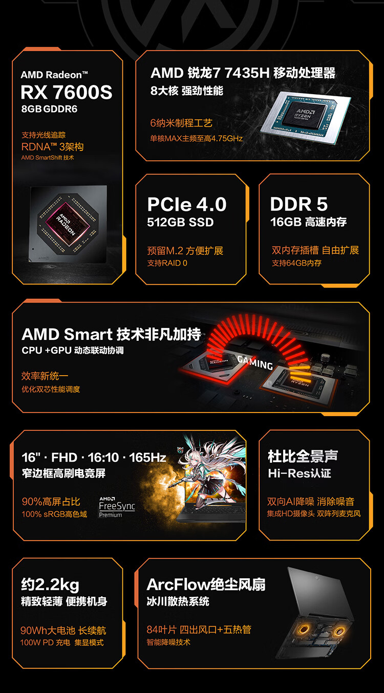 华硕天选 4R 游戏本配置上新：R7-7435H + RX 7600S，7499 元