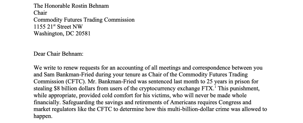 Anti-encryption Congressman Warren writes to CFTC Chairman! Requesting the release of communications with FTX