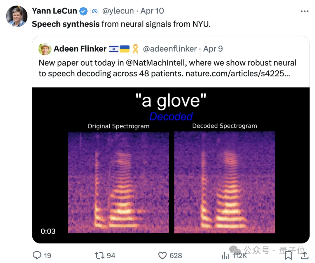 EEG synthesis of natural speech! LeCun forwards new results of Nature sub-journal, and the code is open source