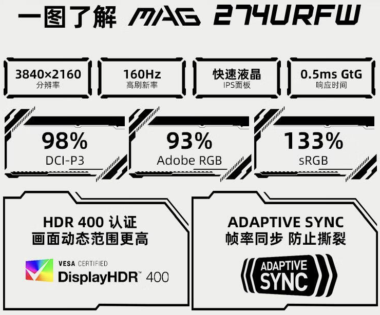 微星 MAG 274URFW 27 英寸显示器开售：4K 160Hz，2499 元