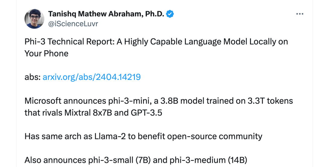 Microsoft releases Phi-3, which has superior performance to Llama-3 and can be run on mobile phones