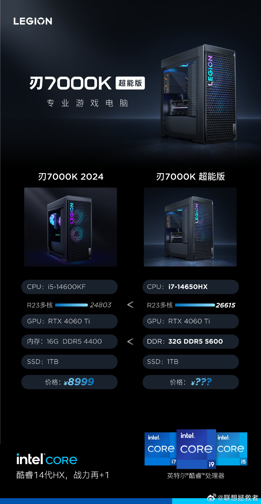 联想拯救者刃 7000K 超能版台式电脑配置公布：最高可选 i9-14900HX + RTX 4070 Ti Super