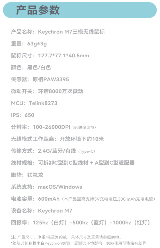 Keychron M7 三模无线鼠标上市：PAW3395 传感器、重 63g，328 元
