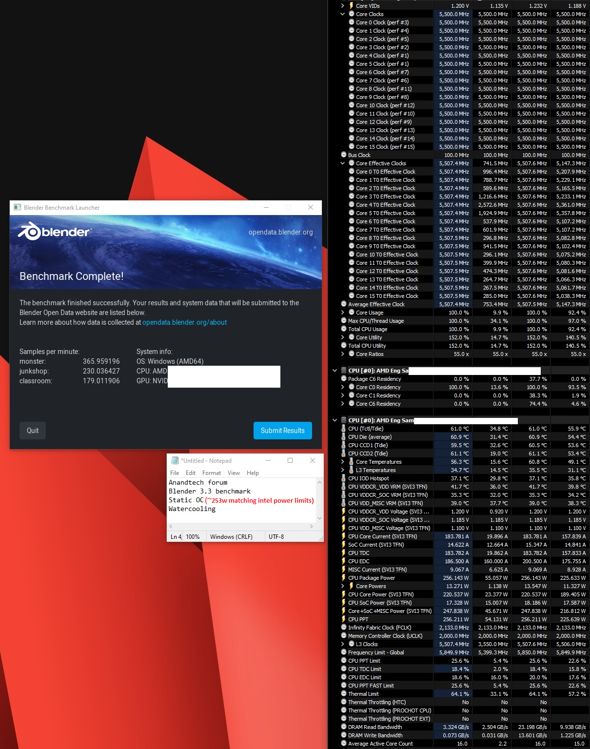 AMD 锐龙 9 9950X ES 处理器解锁功耗 Blender 测试:全核超 5.5GHz、近 320W 功耗