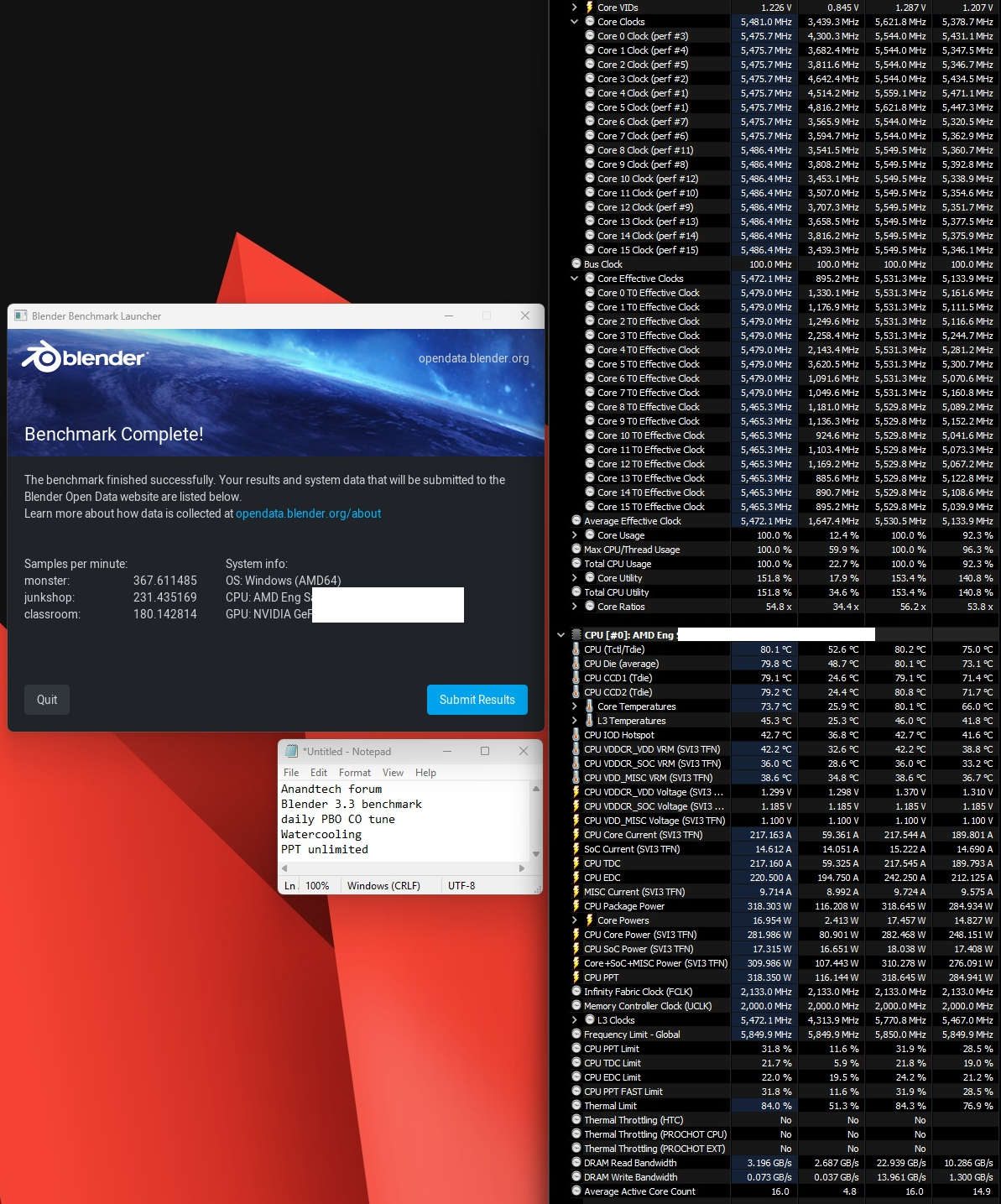 AMD 锐龙 9 9950X ES 处理器解锁功耗 Blender 测试:全核超 5.5GHz、近 320W 功耗