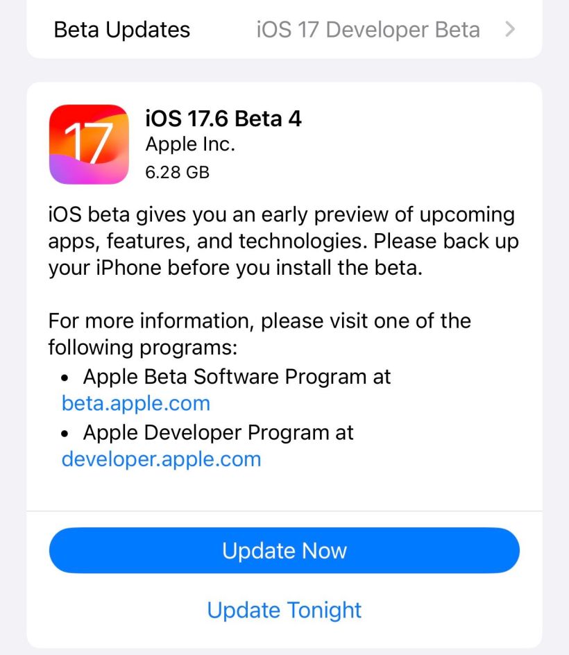 苹果 iOS / iPadOS 17.6 开发者预览版 Beta 4 发布