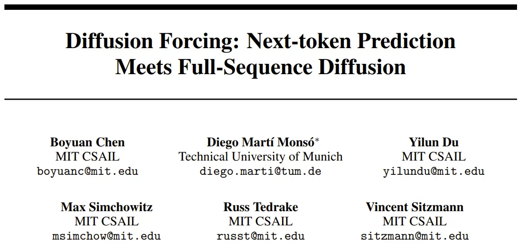 Unlimited video generation, planning and decision-making, diffusion forced integration of next token prediction and full sequence diffusion