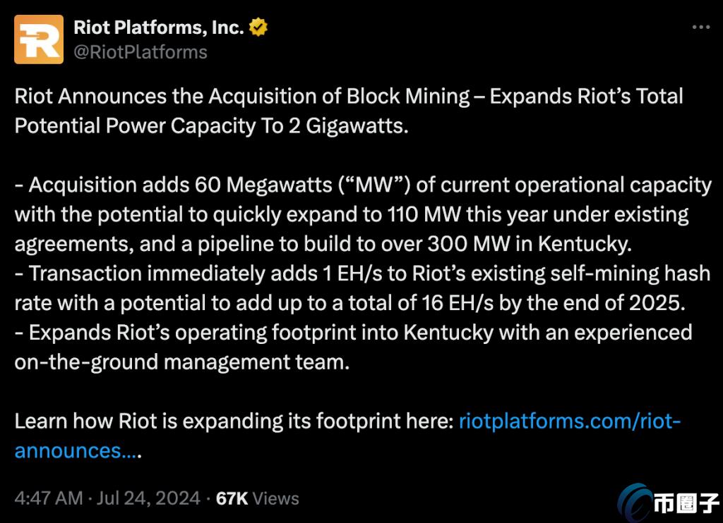 Riot Platforms九千万美元收购Block Mining!矿企概念股市值2周内暴涨