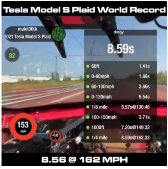 8.56秒!特斯拉model s plaid刷新电动汽车 1/4 英里加速赛纪录