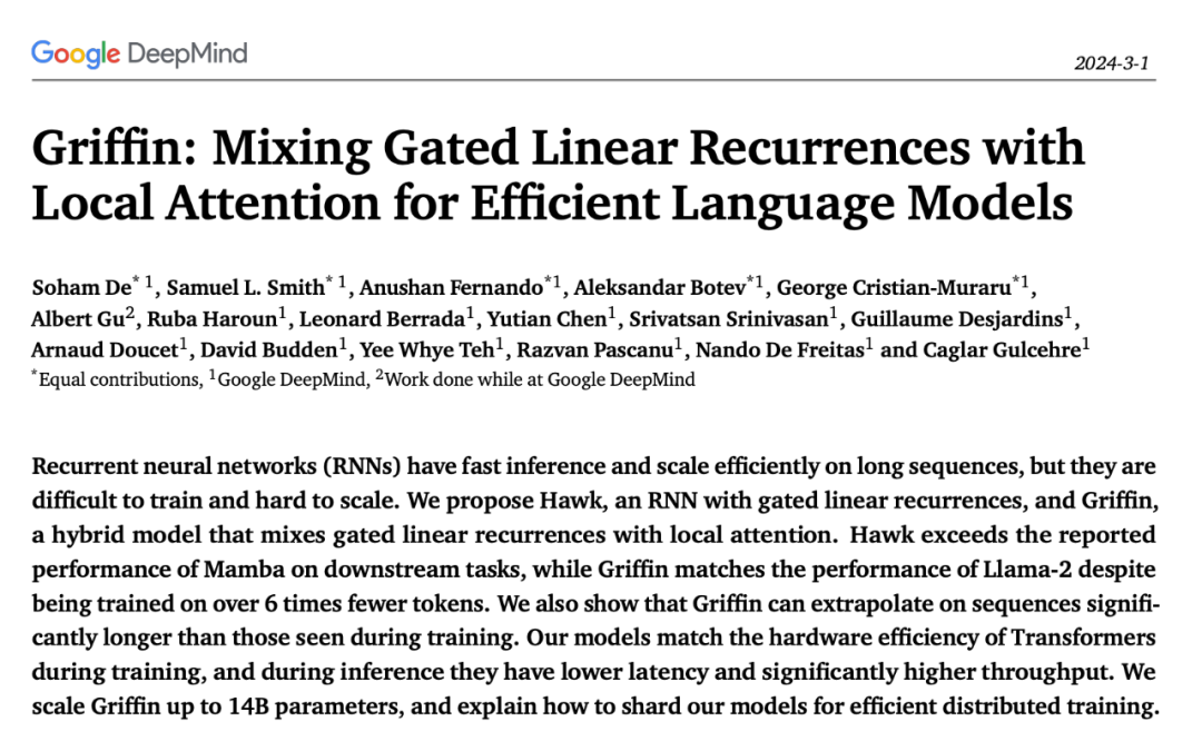 RNN efficiency is comparable to Transformer, Google's new architecture has two consecutive releases: it is stronger than Mamba at the same scale