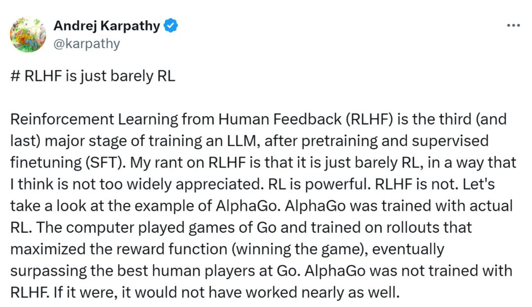 Karpathy’s views are controversial: RLHF is not real reinforcement learning, and Google and Meta are opposed to it