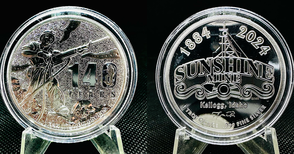 WALLACE –– Une pièce d'argent en édition spéciale de 1 once commémorant le 140e anniversaire de la mine Sunshine est maintenant disponible à la boutique de cadeaux Sierra Silver Mine Tour.