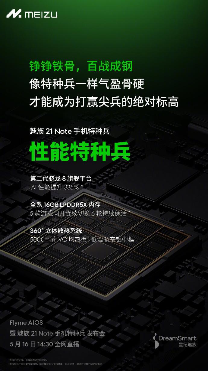 魅族21 Note手機搭載“360度立體散熱系統”，配備5000mm²VC均熱板