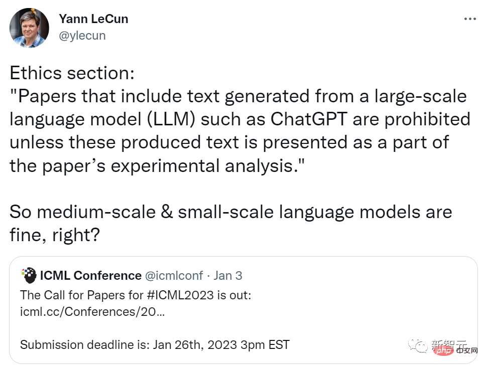 ICML 논문 요청에서는 대규모 언어 모델의 사용을 금지합니다. LeCun은 다음과 같이 전달했습니다. 중소 규모 모델을 사용할 수 있습니까?