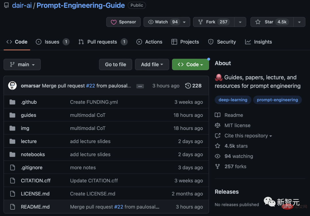 ChatGPT is very popular, and the most comprehensive prompt engineering guide is on the GitHub hot list, with 4.7k stars!