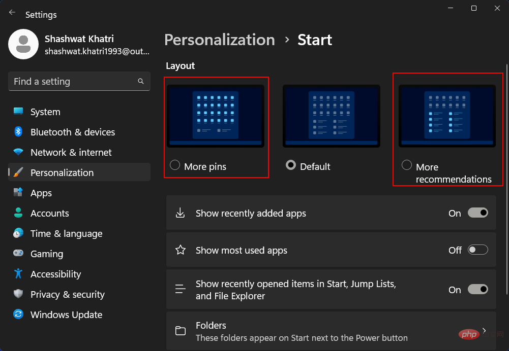 Windows 11でスタートメニューのレイアウトを変更する方法