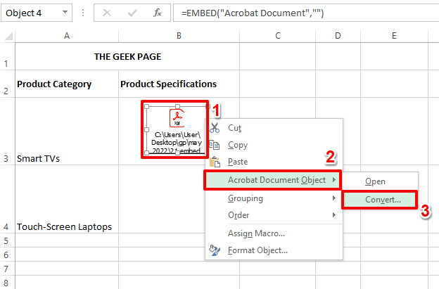 如何在 Excel 工作表中嵌入 PDF 文档