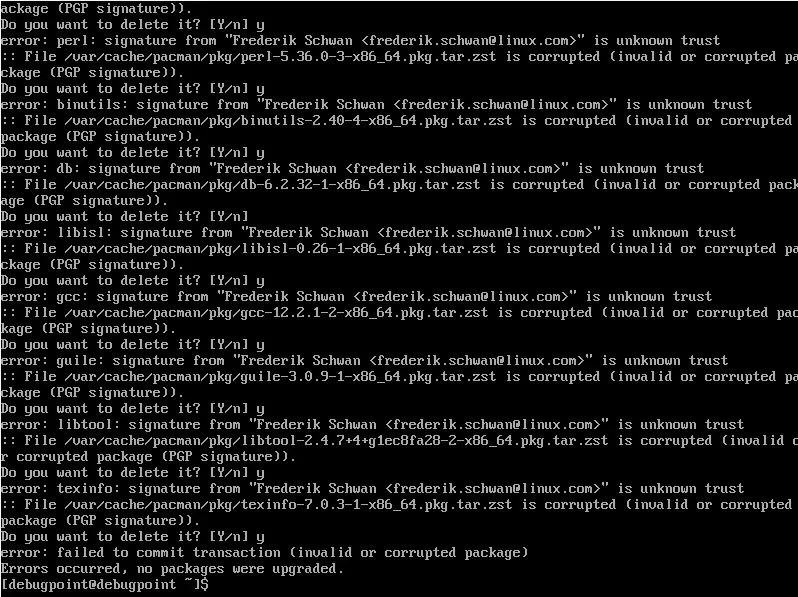 修复 Arch Linux 中的 “invalid or corrupted package (PGP signature)” 错误