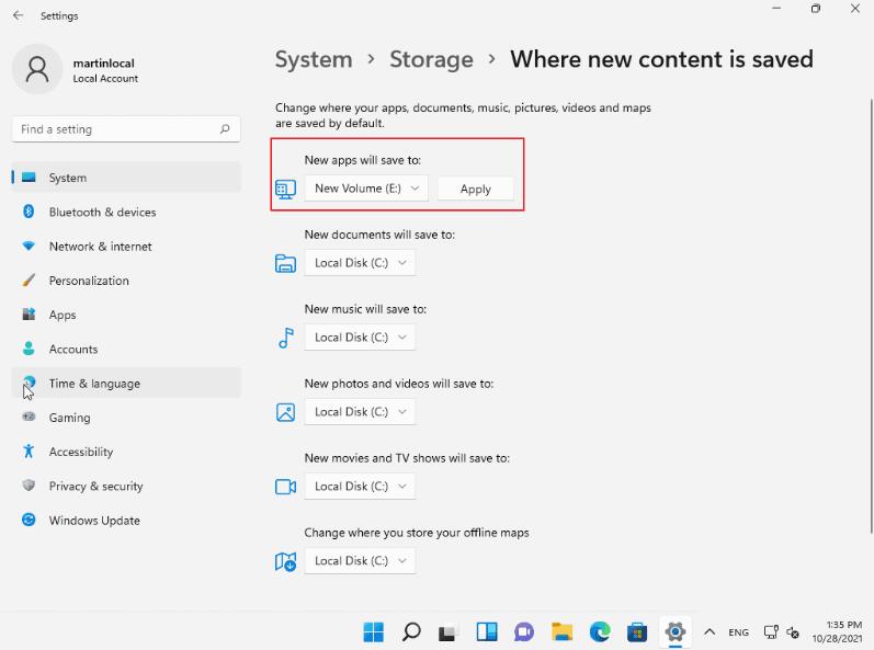 Comment changer lemplacement de stockage dans Win11