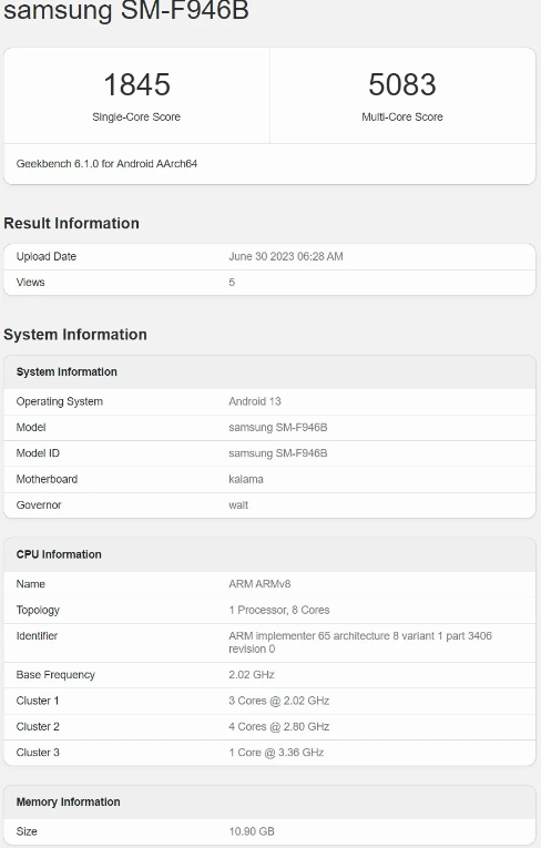 Geekbench数据库曝光：三星Galaxy Z Fold 5全球版搭载Android 13