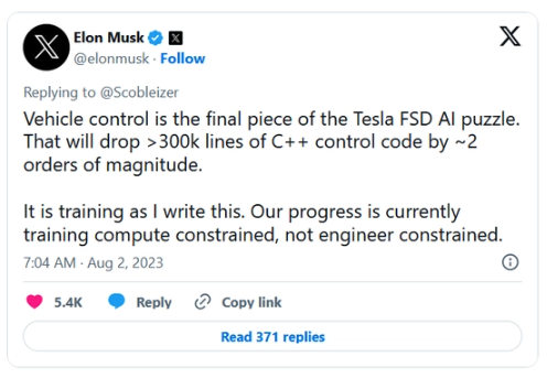 Musk reveals the progress of Tesla’s FSD plan: only one step away from achieving fully autonomous driving