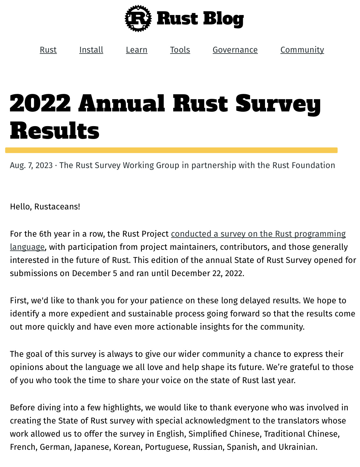 Rust 基金会发布 2022 年度调查报告：近半数用户每天使用 Rust 语言，三成用户认为学习成本相对较高