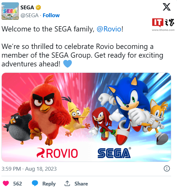 世嘉正式完成以 7.06 亿欧元收购《愤怒的小鸟》开发商 Rovio