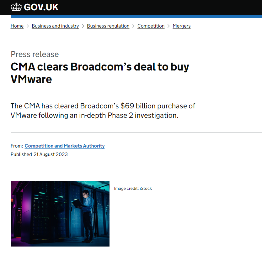 博通获准以 690 亿美元收购 VMware，英国批准