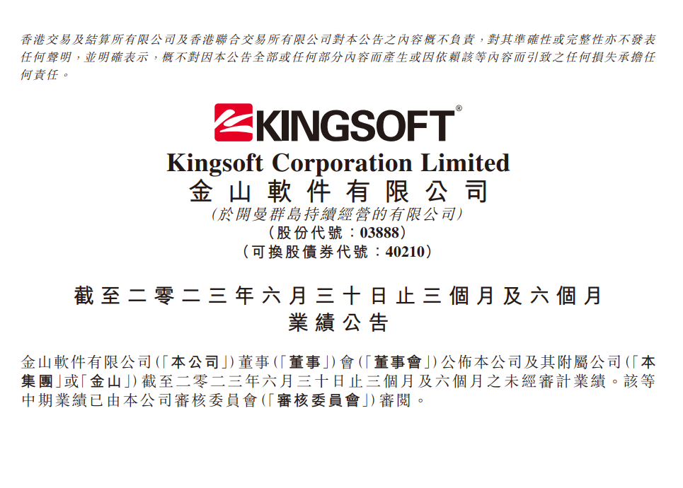 金山软件 2023 年第二季度营收达 21.9 亿元，同比增长 20%，办公和游戏业务双双实现提升