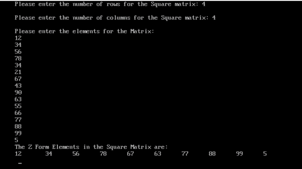 Write a program in C language to print out a square matrix arranged in a Z shape