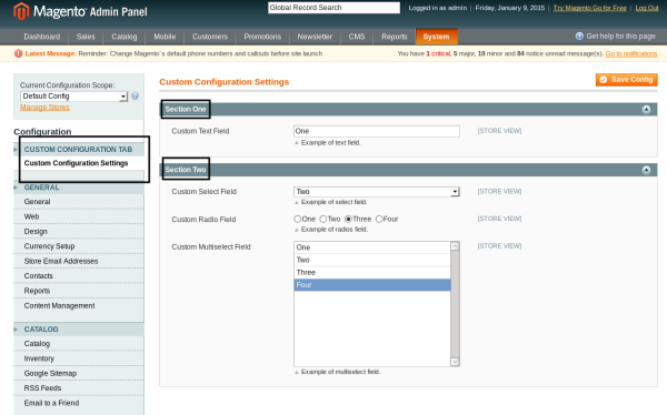 Configuration backend personnalisée dans Magento