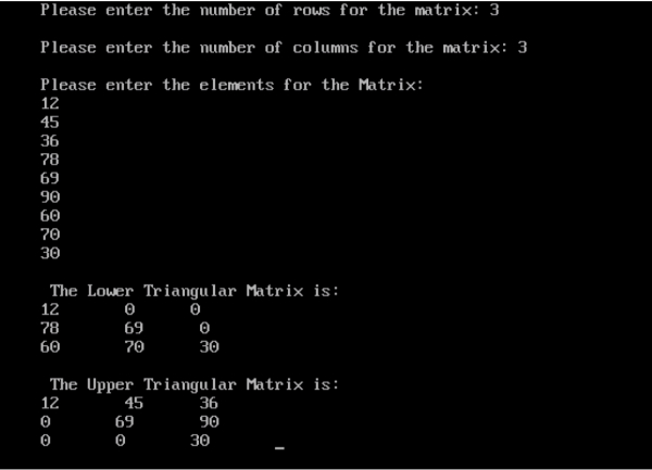 Write a C program to print the lower triangular matrix and upper triangular matrix of an array