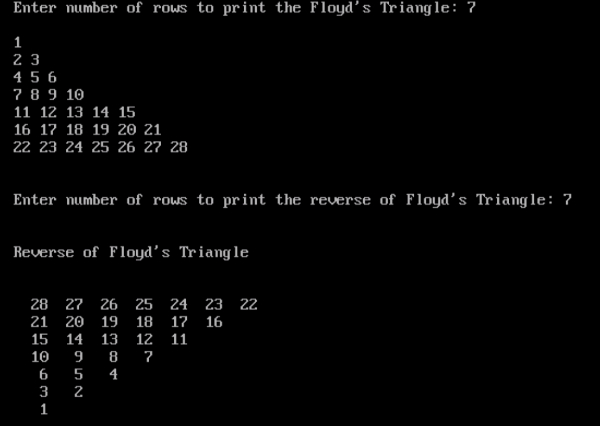 Write a program in C language that prints the reverse Floyd triangle