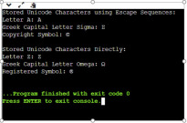 Java program that uses character literals to store Unicode characters