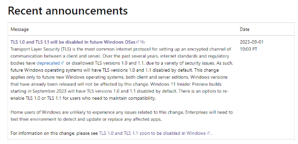 Windows系统计划自9月1日起逐步禁用TLS 1.0/1.1