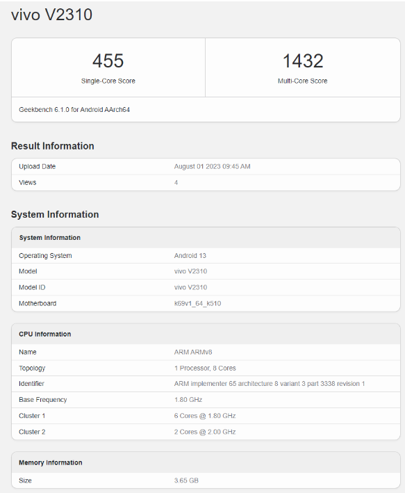 新一代vivo Y17s现身GeekBench：跑分数据曝光