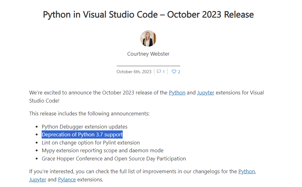 微软 Visual Studio Code 不再支持 Python 3.7，但相关代码尚未被立即删除