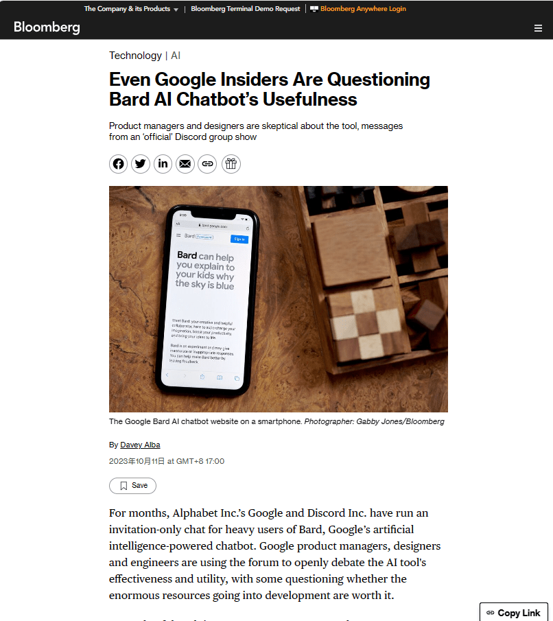 Bloomberg: Google insiders question Bard chatbot’s usefulness