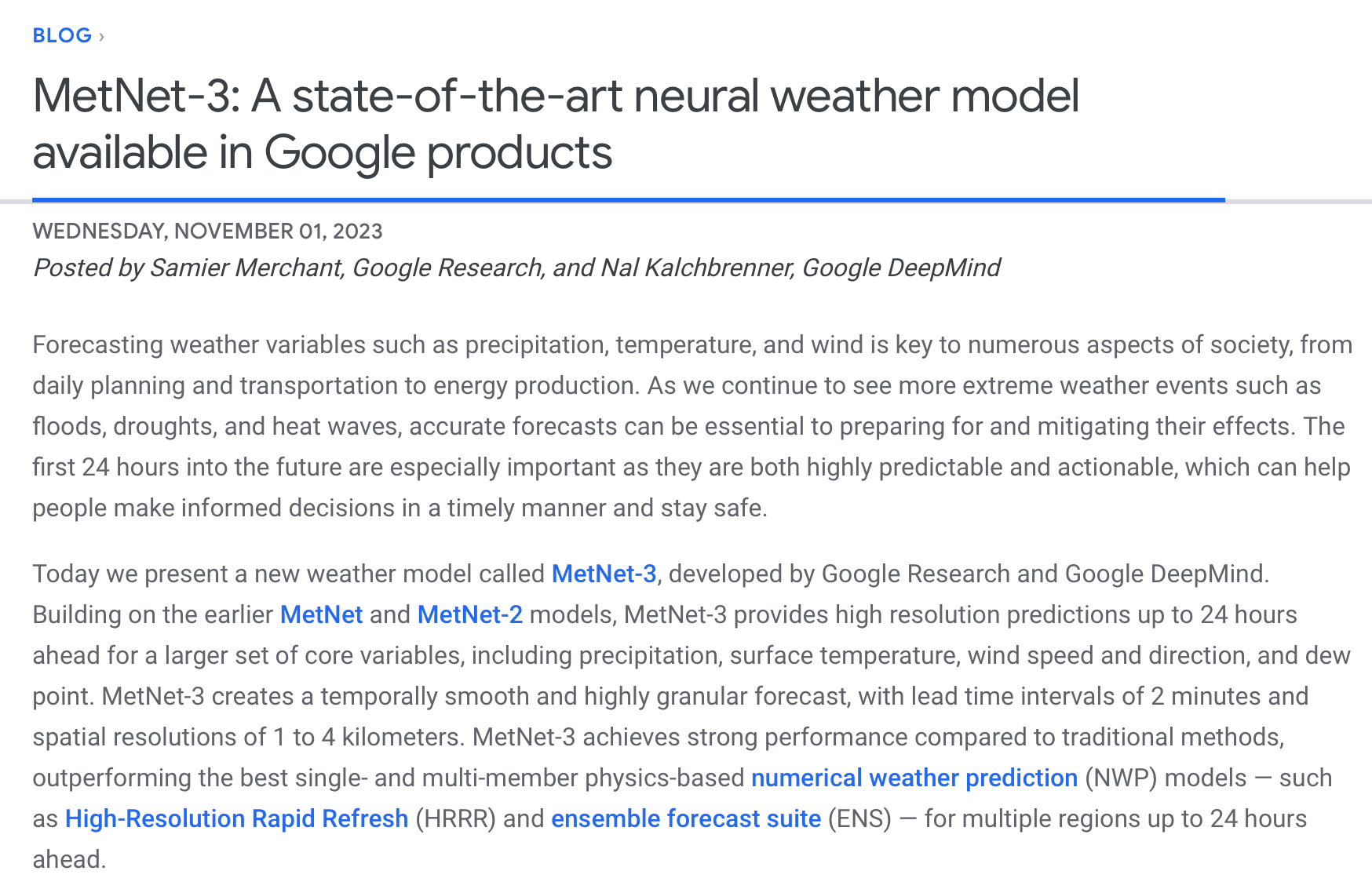 谷歌推出“先进天气预报 AI”MetNet-3，号称预测结果超过传统物理模型