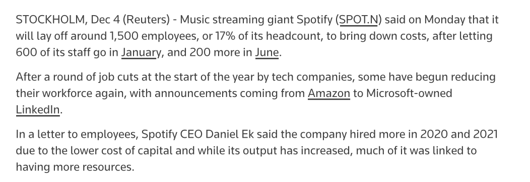 Spotify 宣布因“成本上涨”裁员 1500 人，此前公司首次实现季度盈利