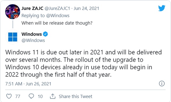 Masa keluaran Win11 dan jadual tolak diumumkan