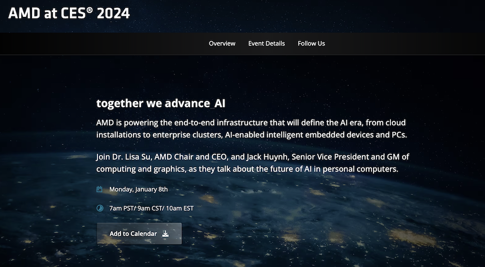 AMD CES 2024 发布会时间定档 1 月 8 日，预计发布新款 CPU / 显卡
