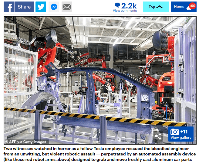 Seorang jurutera di kilang Tesla di Texas di Amerika Syarikat secara tidak sengaja mencederakan seseorang apabila robot sedang membetulkan pepijat, dan kejadian itu terbongkar