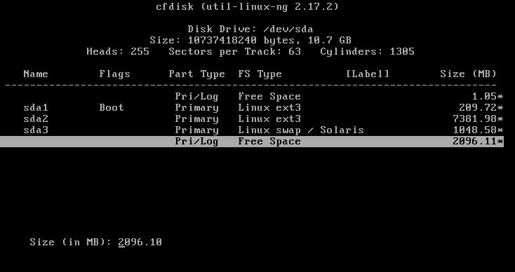 CentOS でのパーティションツール cfdisk の操作手順の詳細な説明