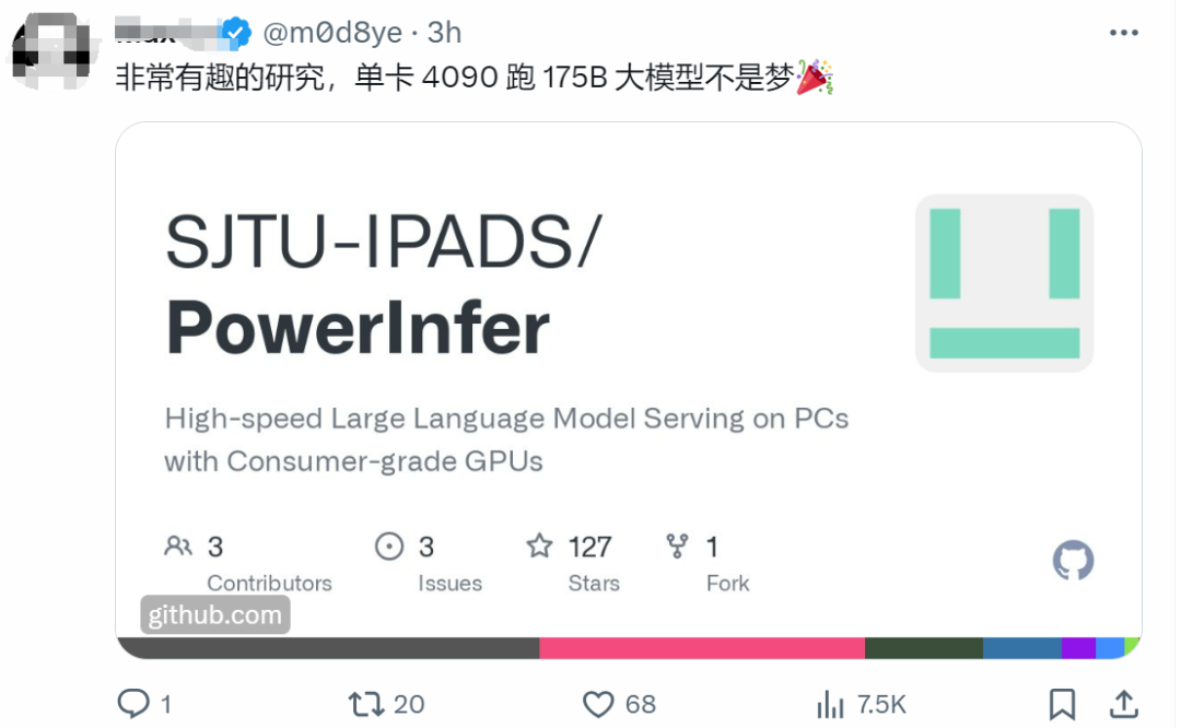 Shanghai Jiao Tong University releases inference engine PowerInfer. Its token generation rate is only 18% lower than A100. It may replace 4090 as a substitute for A100.