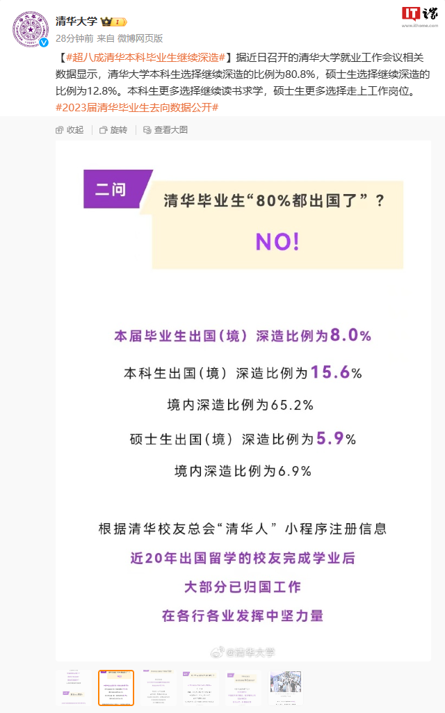 清华大学再次否认 80% 毕业生出国，本届就业民企前两位是华为、比亚迪