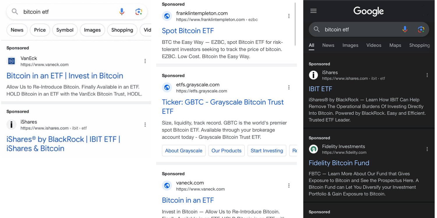Google上架多个比特币现货ETF广告！贝莱德、富达、灰度已投放