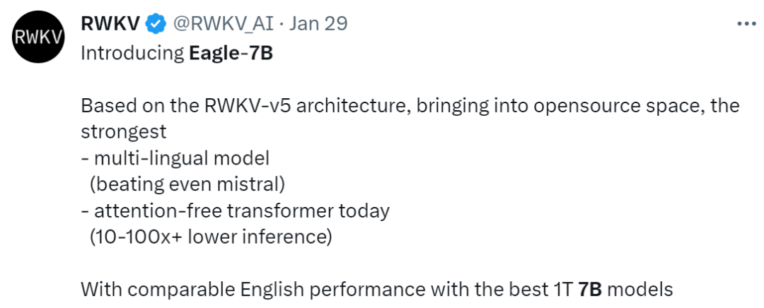 无注意力大模型Eagle7B：基于RWKV，推理成本降低10-100 倍